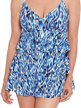 NWT Penbrooke Women's Ikat's Meow Triple Tier One-Piece Swim Dress. Size 12.